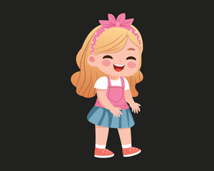 Happy cartoon girl isolated on black background. Cute character in vector illustration