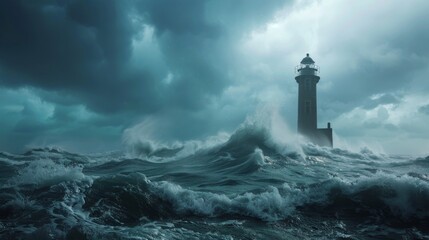 A lighthouse in the middle of a stormy ocean with waves crashing around it, AI - obrazy, fototapety, plakaty