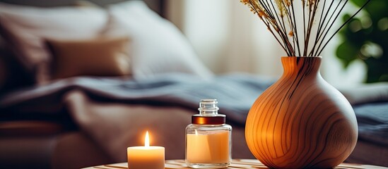 A wooden vase filled with orange scented candles and reed diffusers sits on a living room table, creating a cozy and inviting atmosphere - obrazy, fototapety, plakaty