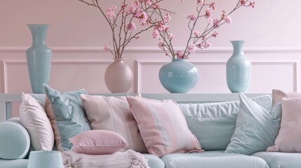 A couch with a vase of flowers on it and some pillows, AI