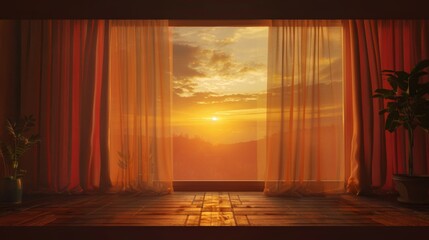 A view of a sunset through the window in an apartment, AI