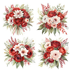 set of 4 bouquet of red roses, isolated, white background, clipart