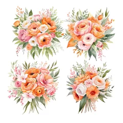 Fototapete Blumen watercolor set of 4 bouquet of orange and pink flowers,  isolated, clipart
