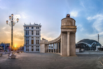 The new buildings in the center of Skopje at sunset - obrazy, fototapety, plakaty