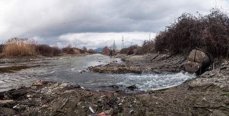 Major pollution of the waters of the river Crn Drim at the exit from tourist place Struga....