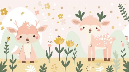 a couple of deer standing next to each other on top of a grass covered field next to trees and flowers.