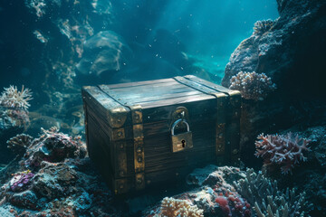 Old treasure chest on the coral reef in the sea, vintage style - 759193362