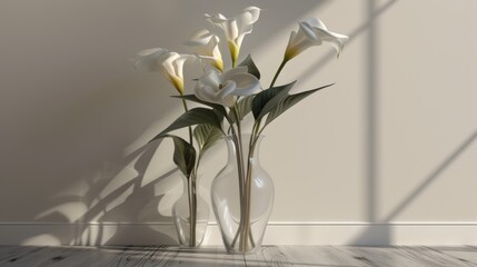 a vase filled with white flowers sitting on top of a wooden floor next to a wall and a shadow cast on the wall.