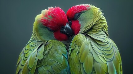 a couple of green and red birds sitting next to each other on top of a green and red blanket on top of a bed.