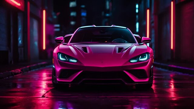 夜の町並みとピンクのスポーツカー,Generative AI 