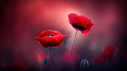 a couple of red flowers sitting next to each other on a red and black background with a red sky in the background.
