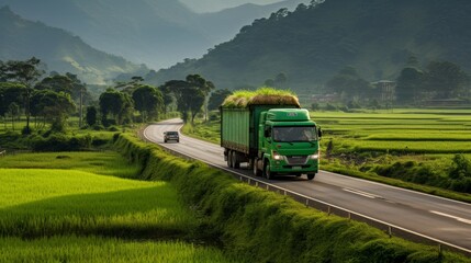 Eco conscious truck transporting goods in lush green scenery with breathtaking mountain backdrop - obrazy, fototapety, plakaty