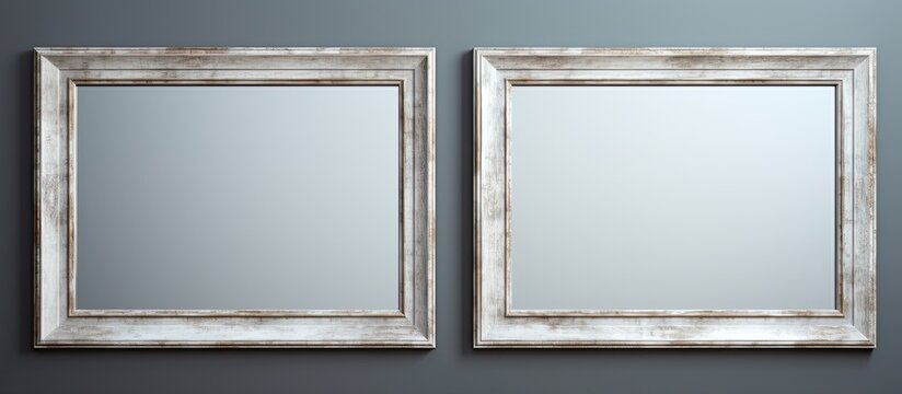 Two rectangular silver picture frames with tints and shades are hung on a gray wall in the room. The frames are made of wood, glass, metal, and composite materials, adding transparency to the space