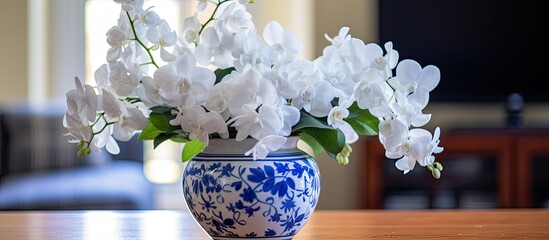 A creative arts blue and white vase filled with white flowers is displayed on a wooden table, adding a touch of elegance to the room