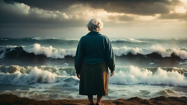 荒れた海を眺めるシニア女性後姿,Generative AI 