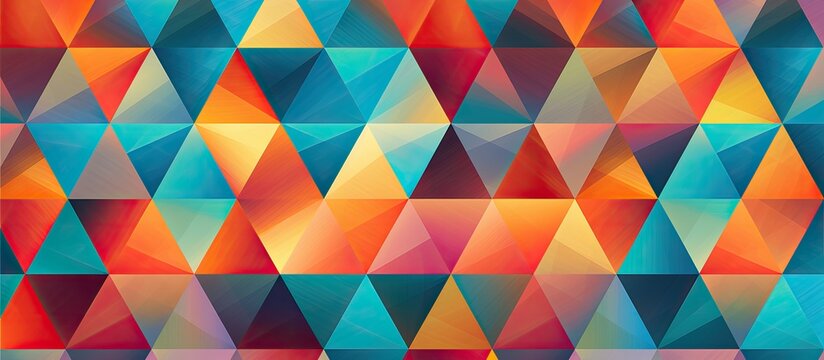 A vibrant geometric pattern featuring colorful triangles on an azure background, reminiscent of textile art. The design includes shades of orange, pink, and bold lines creating a dynamic composition
