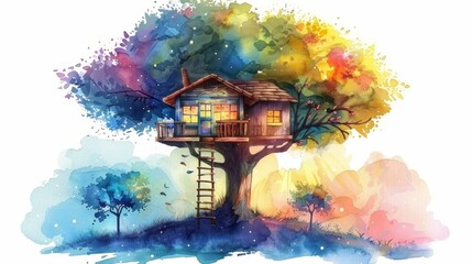 Enchanting Treehouse Illustration for Children's Book with Vintage Aesthetics and Rainbow Hues Generative AI