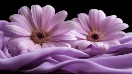 Obraz premium a group of pink flowers sitting on top of a bed of purple fabric on top of a black tablecloth.