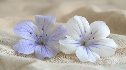 two blue and white flowers sitting on top of a piece of burlly cloth on a tablecloth covered table.