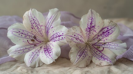 two white and purple flowers sitting on top of a purple cloth on a cloth covered tableclothed tablecloth.