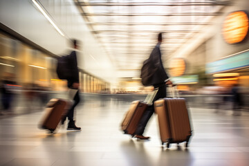 Passengers with their luggage rushing through busy airport or station to catch their flight or train. Travelers on business trip, vacation or holiday. Busy Arrivals or departures terminal background.