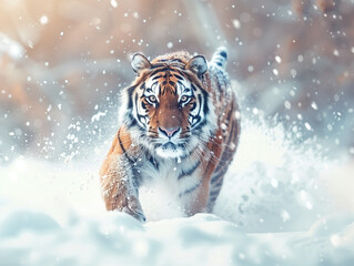 Tiger in wild winter nature. Amur tiger running in the snow. Action wildlife scene with danger animal. 