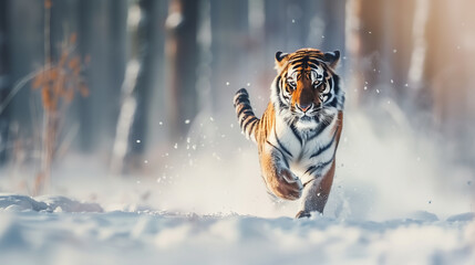Tiger in wild winter nature. Amur tiger running in the snow. Action wildlife scene with danger animal.  - obrazy, fototapety, plakaty
