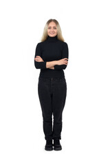 portrait of a blonde woman standing with arms crossed on white background