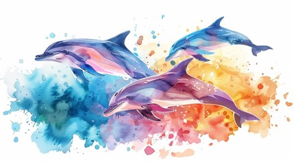 Vibrant Rainbow Dolphins Diving into a Colorful Underwater World - Children's Book Illustration Generative AI