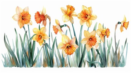 Vibrant Dancing Daffodils in the Morning Breeze, Children's Book Illustration with Rainbow Colors Generative AI