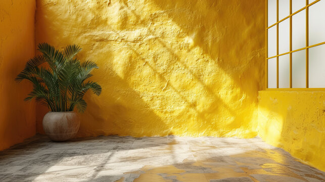 Yellow background and a shadow of plants. Stylish background. Modern mockup.