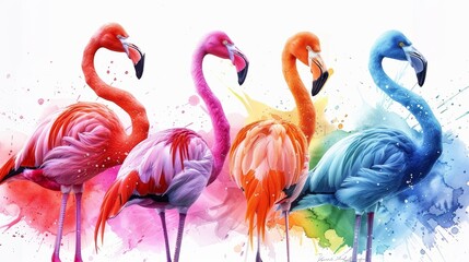 Vibrant Rainbow Flamingos in Watercolor for Children's Book Illustration Generative AI
