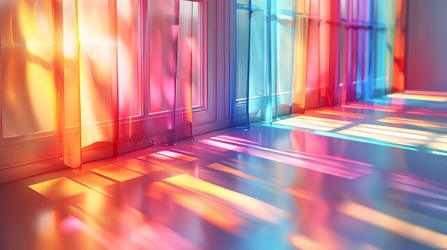 For photos and mockups, a blurred rainbow light refraction texture overlay effect on a white wall accompanied by organic drop diagonal holographic flares.