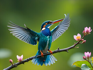 Fototapeta premium A colorful kingfisher and a blue heron with long beaks perch on branches