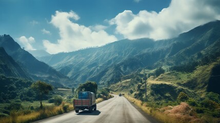 Sustainable energy truck delivering goods in picturesque green landscape with majestic mountains