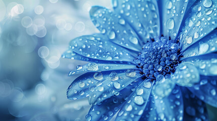 wet blue water flower background, close up of gerber flower with water drops, floral background.  - obrazy, fototapety, plakaty