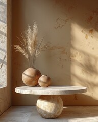 Stone table for photo montage of beige products next to a window