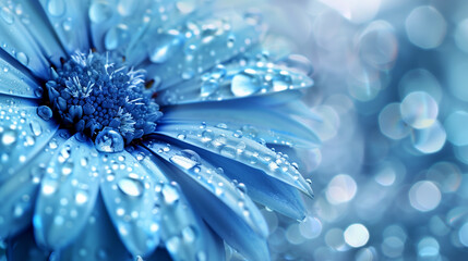 wet blue water flower background, close up of gerber flower with water drops, floral background.  - obrazy, fototapety, plakaty