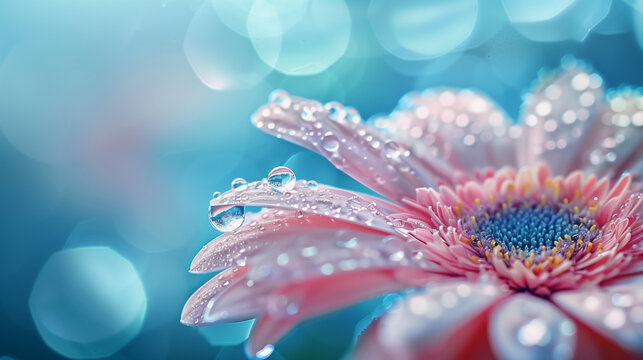 wet blue water flower background, close up of gerber flower with water drops, floral background. 