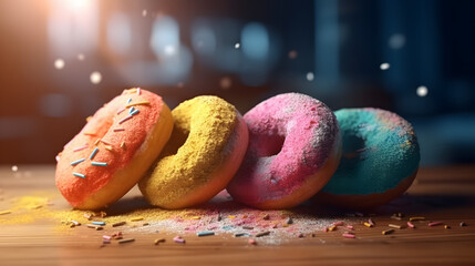 four colorful donuts were stacked together into a pile with powder on a table - obrazy, fototapety, plakaty