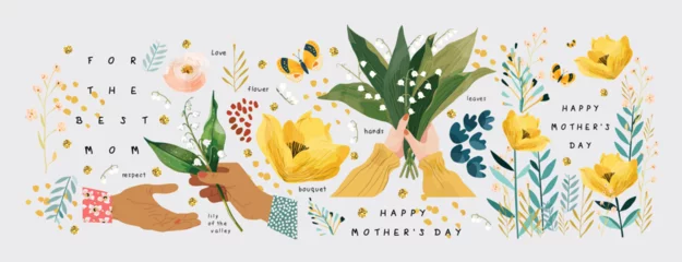  Happy Mother's Day! Vector cute illustration of a bouquet of lily of the valley flowers holding in hands, floral gift, frame, border, modern pattern for greeting card, invitation or poster © Ardea-studio