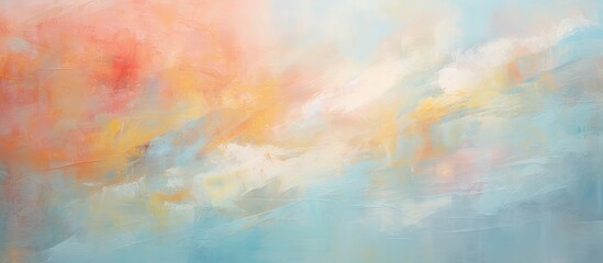 A closeup of a vibrant painting depicting a natural landscape with a colorful sky, fluffy cumulus...