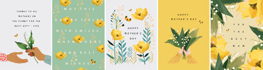Happy Mother's Day! Vector cute illustration of a bouquet of lily of the valley flowers holding in hands, floral gift, frame, border, modern pattern for greeting card, invitation or poster - 759198778