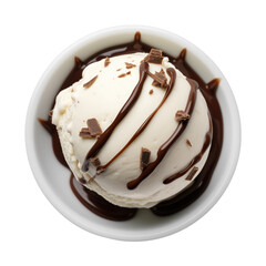 Bowl of vanilla ice cream ball with chocolate sauce isolated on transparent or white background, png