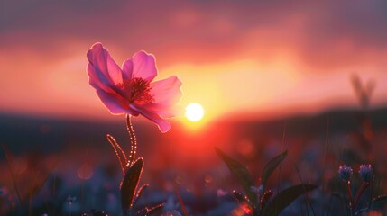 A flower is in the middle of a field with sun setting, AI