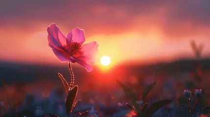Raamstickers A flower is in the middle of a field with sun setting, AI © Maria Starus