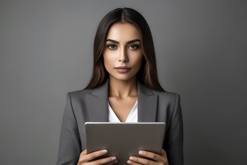 portrait of beautiful eyes and confident businesswoman in suit holding tablet on gray background with copy space
