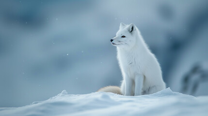 White polar fox in habitat, winter landscape, Svalbard, Norway. Beautiful animal in snow. Sitting fox. Wildlife action scene from Arctic nature