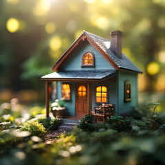 Macro shot, close up - tiny retro house in nature in fresh morning atmosphere. Blur in the back.