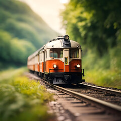 Fototapeta premium Macro shot, close up - tiny retro train on rails in nature in fresh morning atmosphere. Blur in the back.